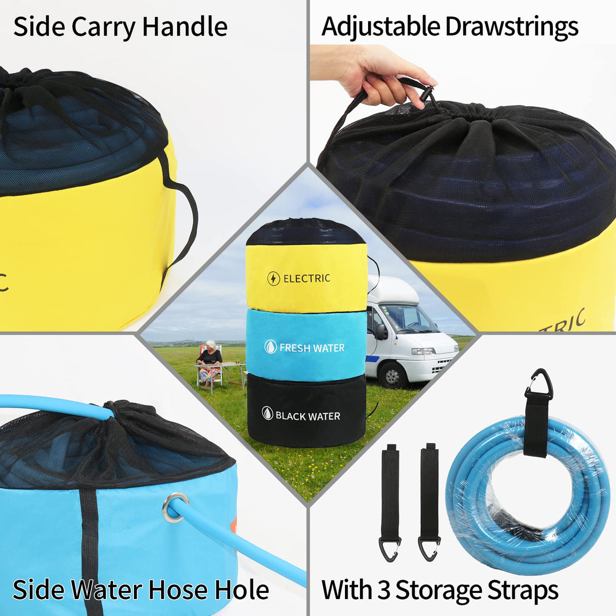 OULEME bag holding a coiled sewer hose illustrating clean transport benefit