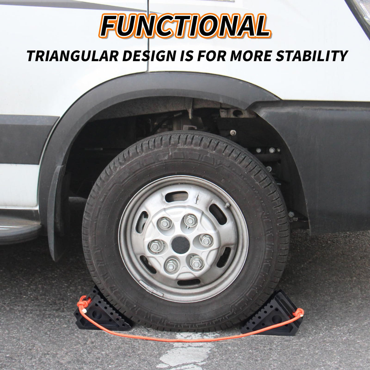 OULEME chock in use against an RV tire showing reliable wheel stabilization