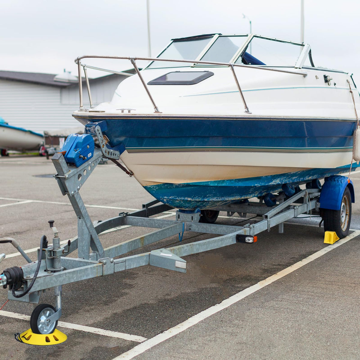 OULEME chocks with single 6" caster in use preventing wheel sinkage