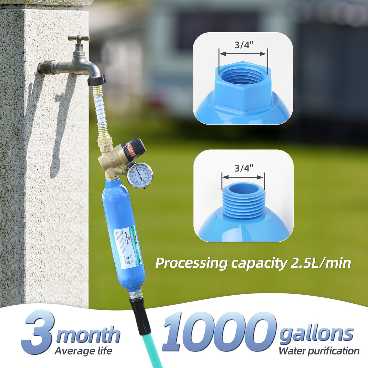 OULEME filter connection detail with 3/4-inch hose threading for universal compatibility benefit