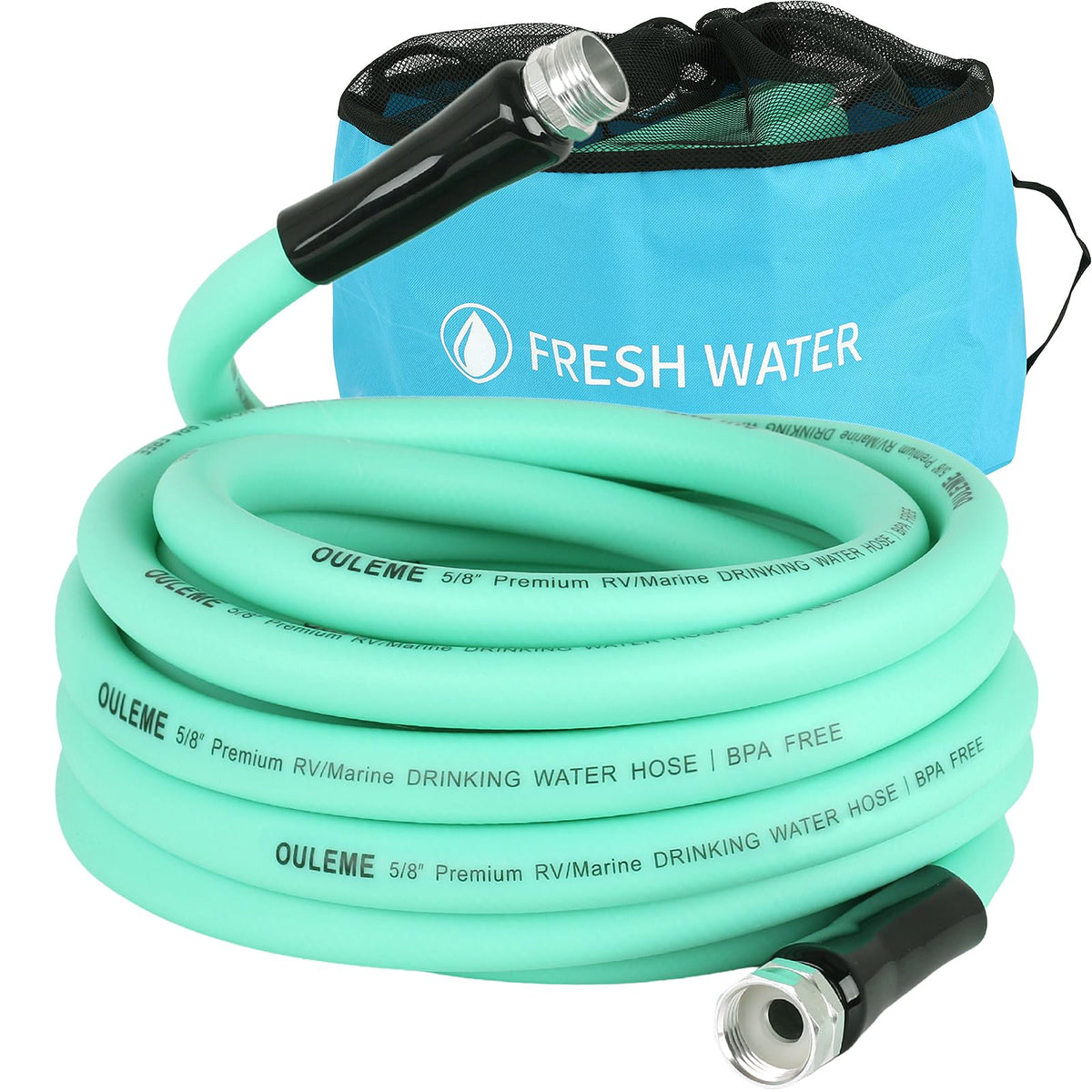 OULEME front view of hose with storage bag showing portability and protection