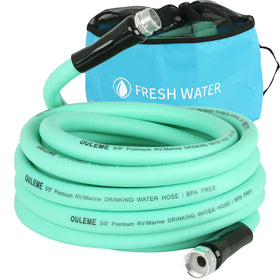 OULEME front view of hose with storage bag showing portability and protection