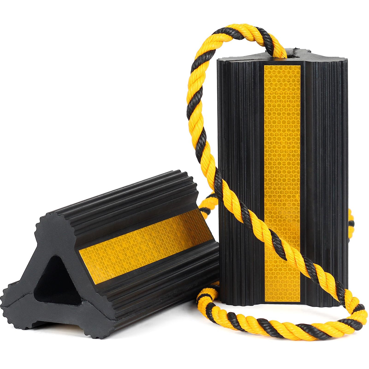 OULEME front view of wheel chocks showing whole pair and benefits of durable hold