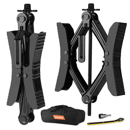 OULEME front view of packaged 2-pack wheel stabilizers showing kit contents and portability benefit