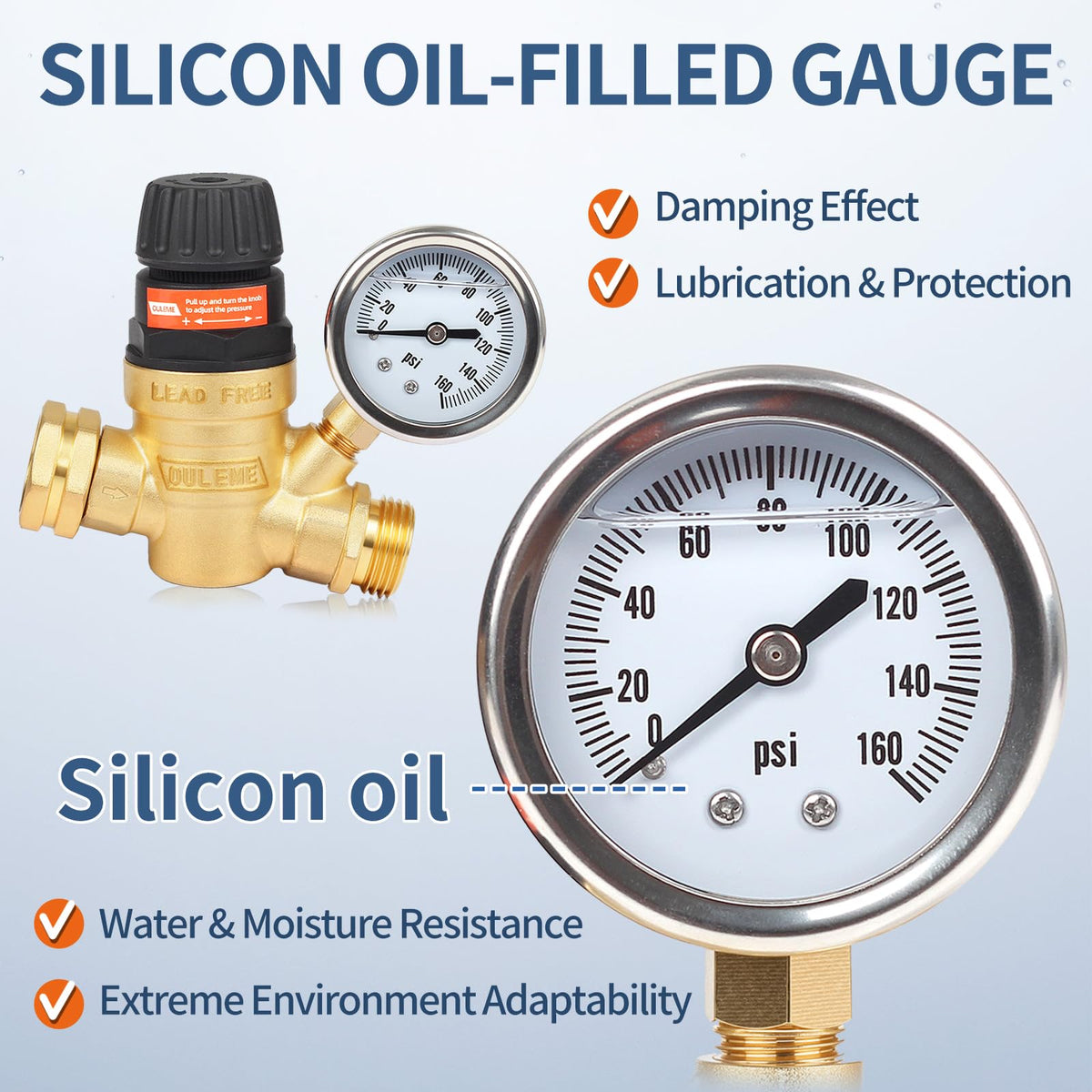 OULEME silicone-oil gauge closeup providing stable readings and longer gauge life