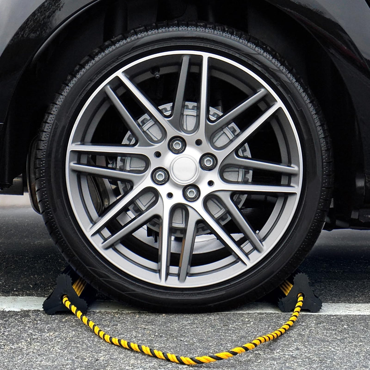 OULEME chock placed against RV wheel demonstrating stable hold