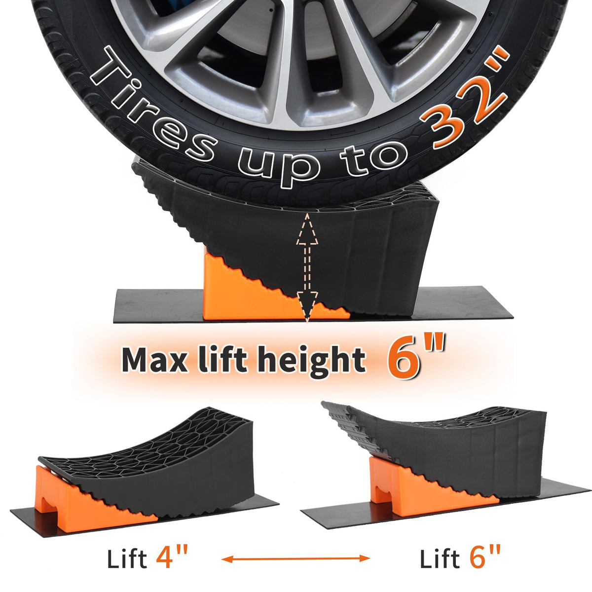 OULEME leveling block in use lifting a trailer tire for safe tandem-axle access