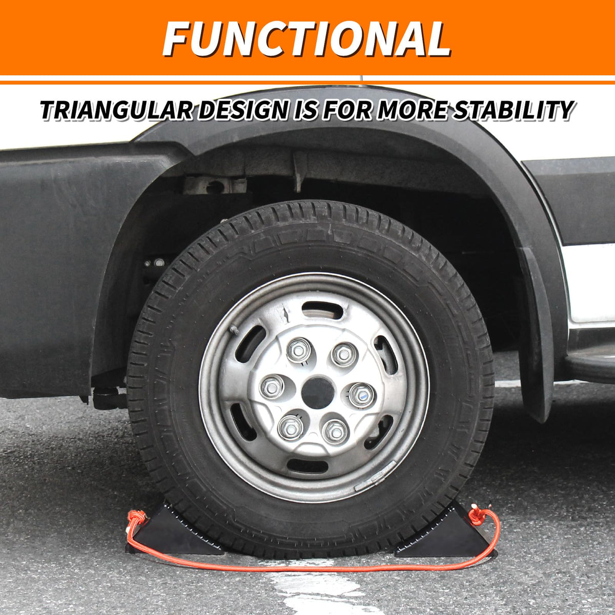 OULEME chock in use with RV tire demonstrating wheel stabilization benefit