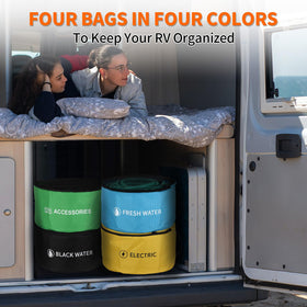 OULEME stored in RV compartment demonstrating tidy organization and easy access