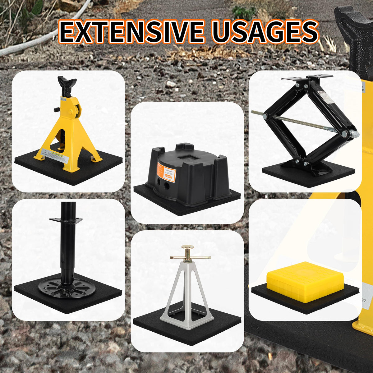 OULEME pad placed under camper jack demonstrating stability and vibration reduction