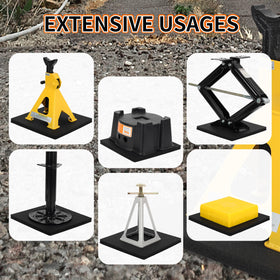 OULEME pad placed under camper jack demonstrating stability and vibration reduction