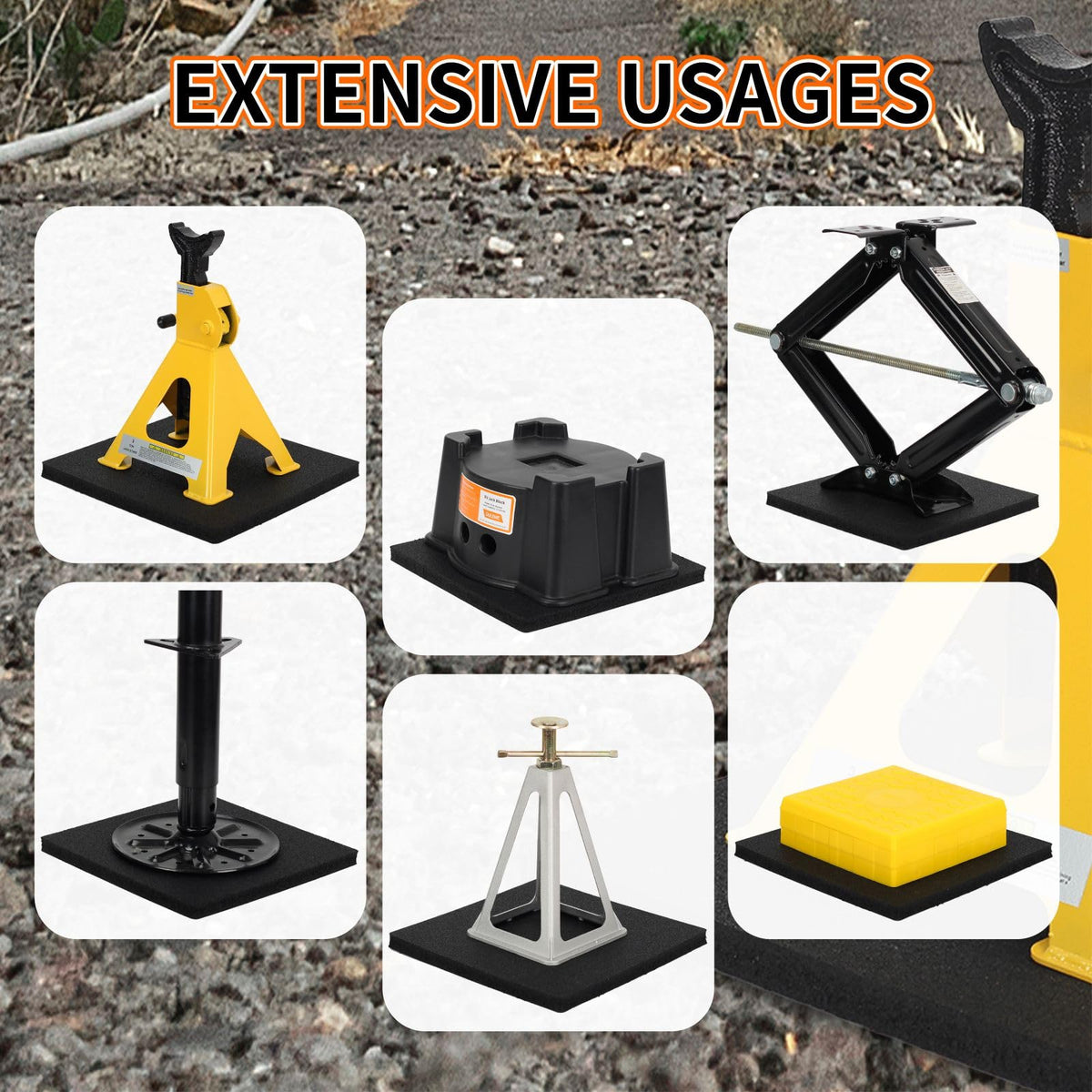 OULEME pad placed under RV jack demonstrating stability and protection