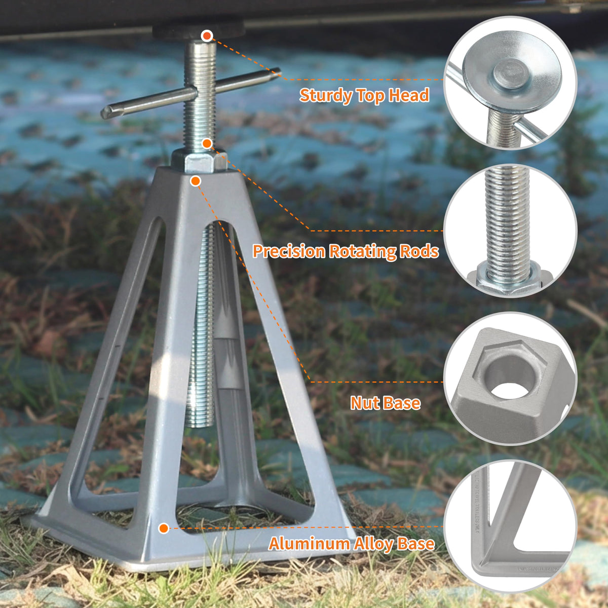 OULEME jacks installed under travel trailer illustrating reduced sway and safer entry benefit