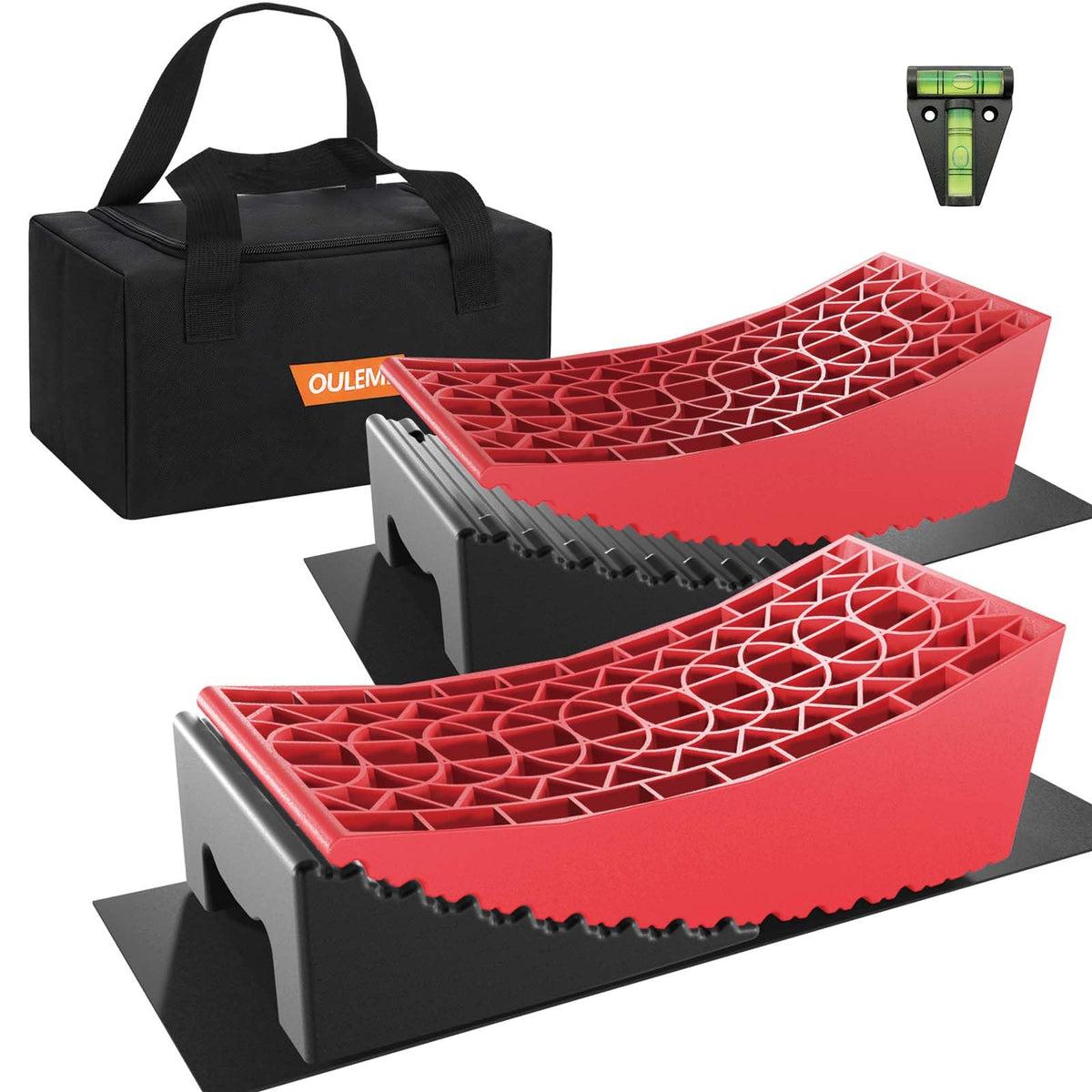 OULEME front view of leveler kit showing components and compact storage benefits