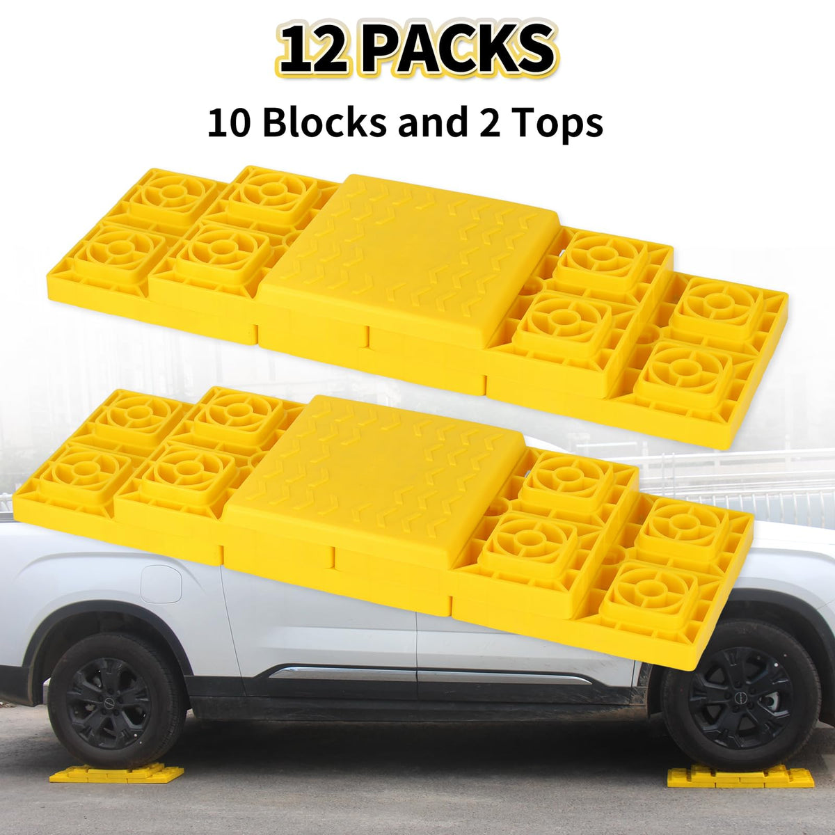OULEME stacked blocks under RV jack demonstrating safe, level support