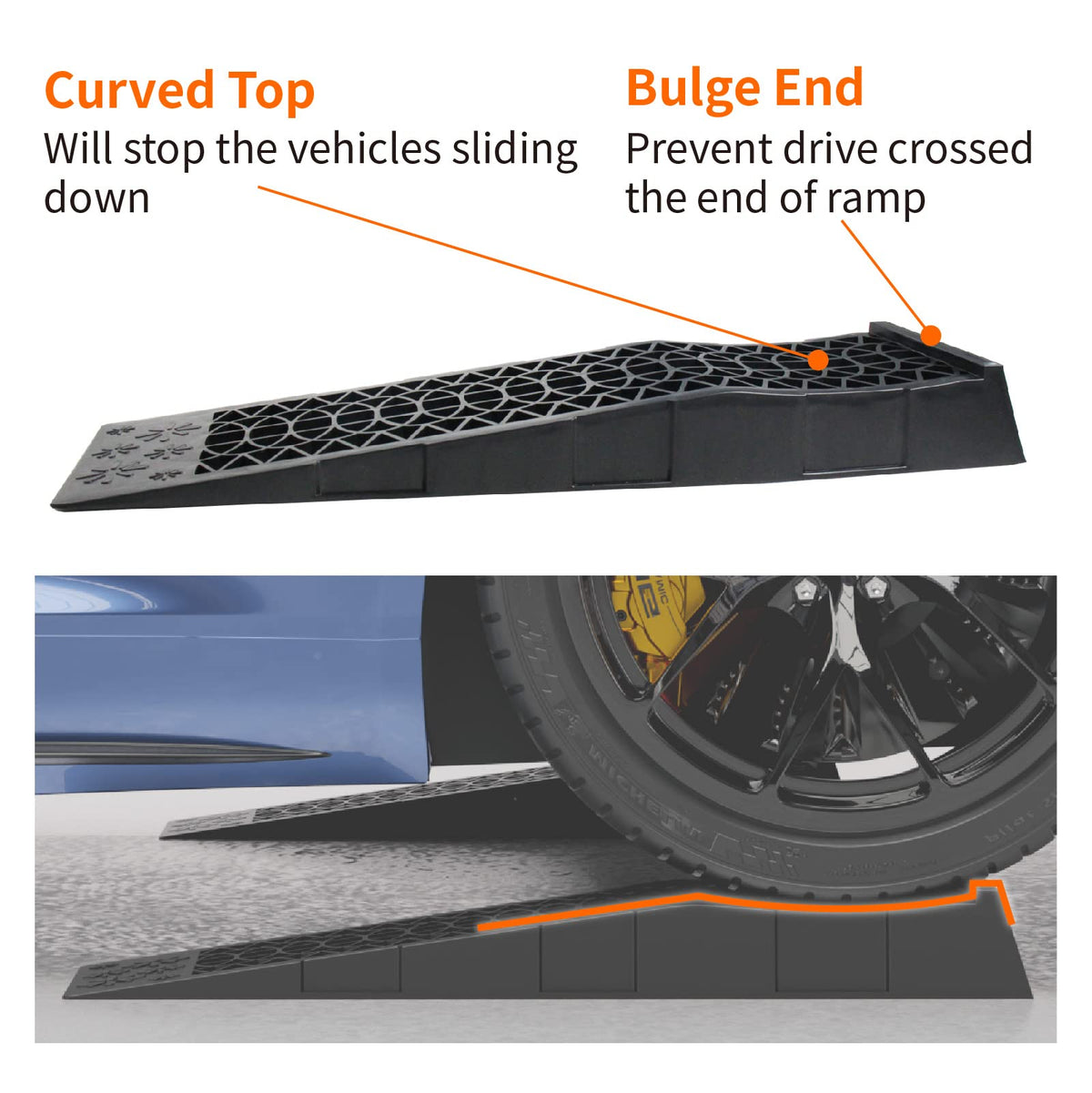 OULEME ramps with floor jack and drain pan demonstrating service use benefit