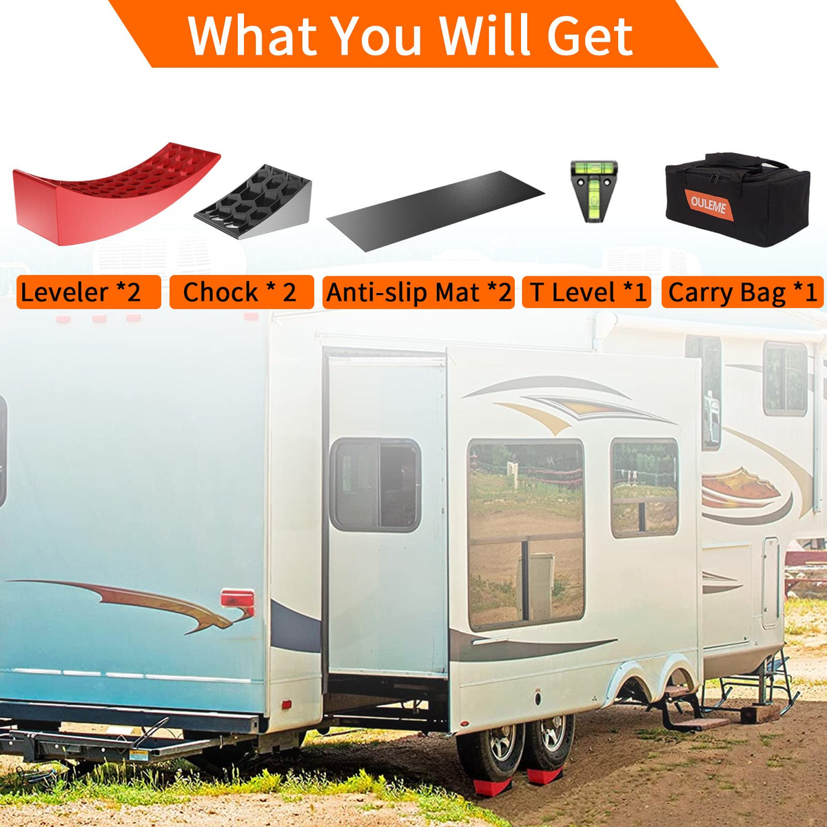 OULEME wheel chock angle image illustrating secure wheel locking for stable campsite setup