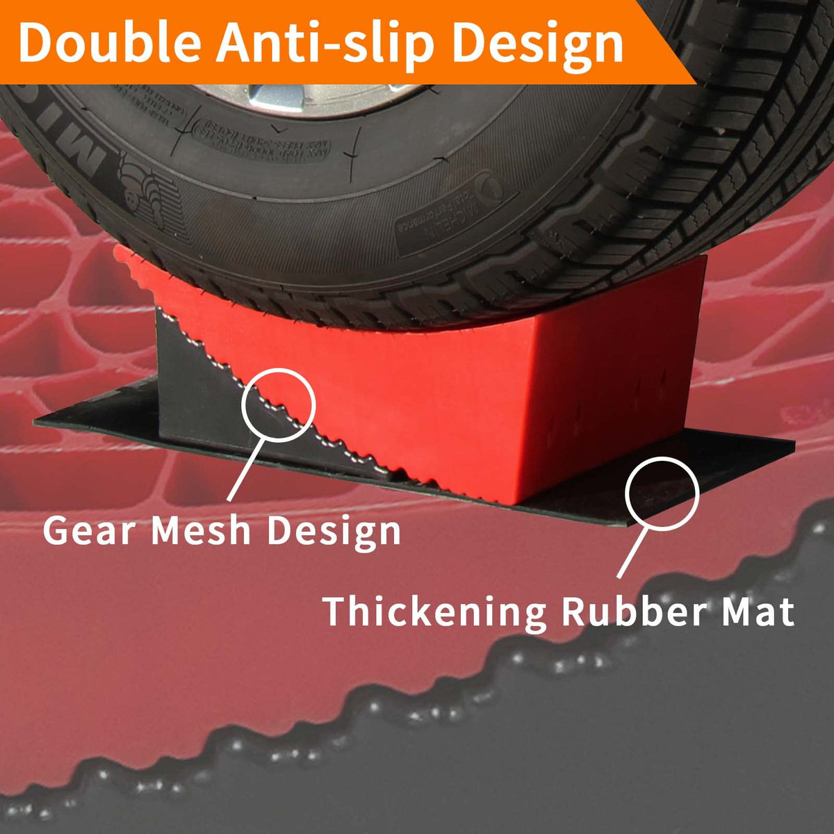 OULEME detailed photo of wheel chock securing wheel to prevent movement