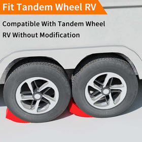 OULEME wheel chock in use behind tire providing added security during leveling