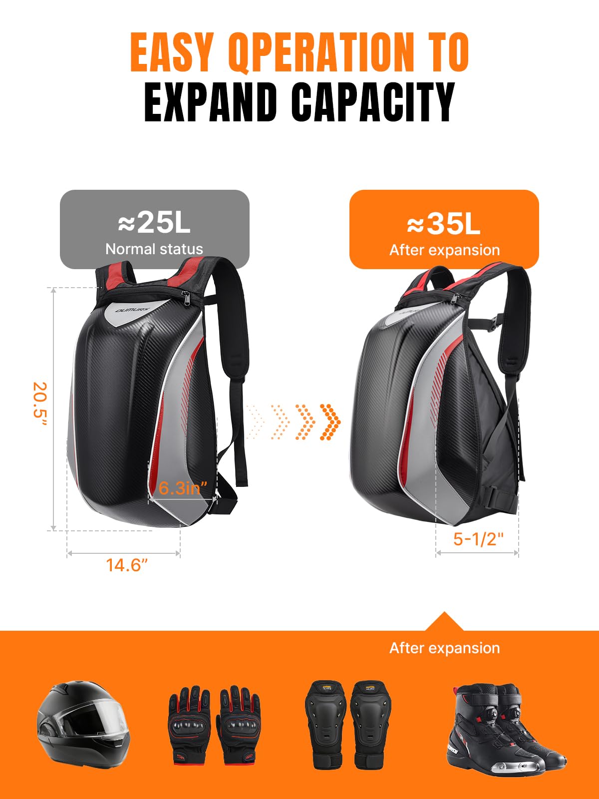 Side view of Oumurs backpack expanded to 35L showing extra capacity for trips