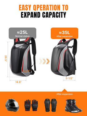 Side view of Oumurs backpack expanded to 35L showing extra capacity for trips