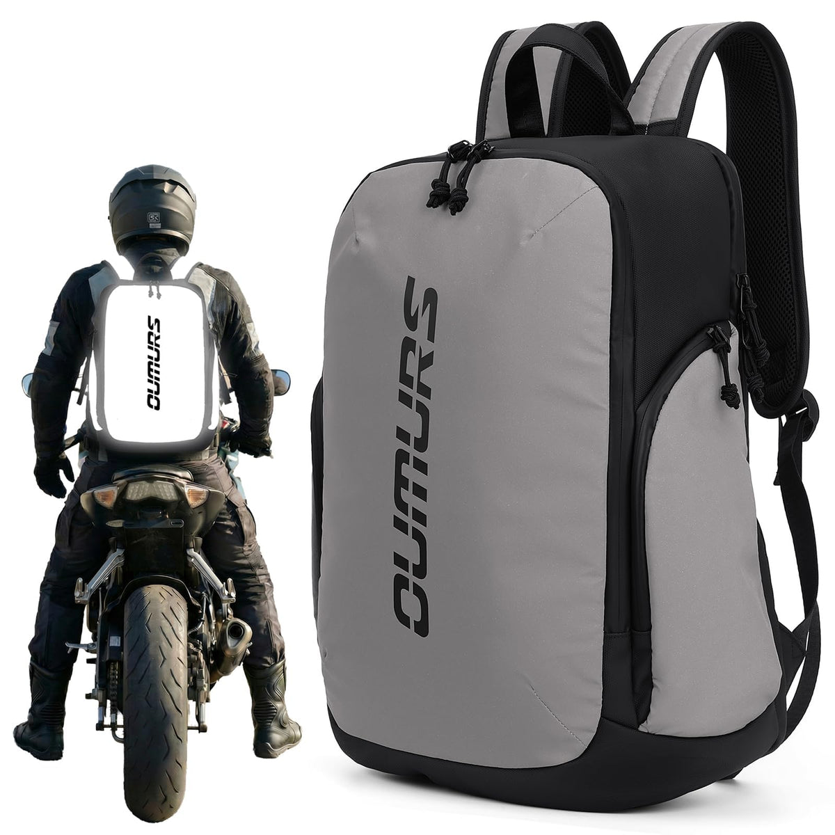 Oumurs front view showing sleek black silhouette and organized pockets for versatile use