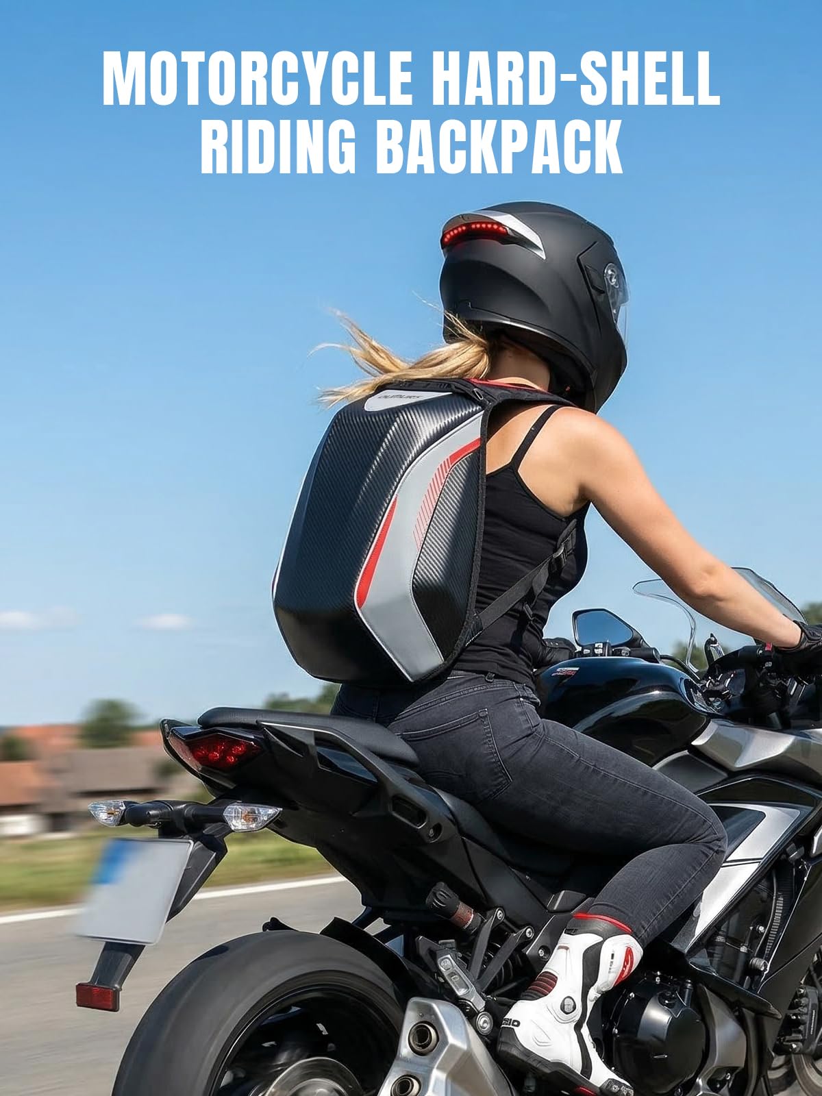 Lifestyle image of rider wearing Oumurs backpack on motorcycle for everyday commuting
