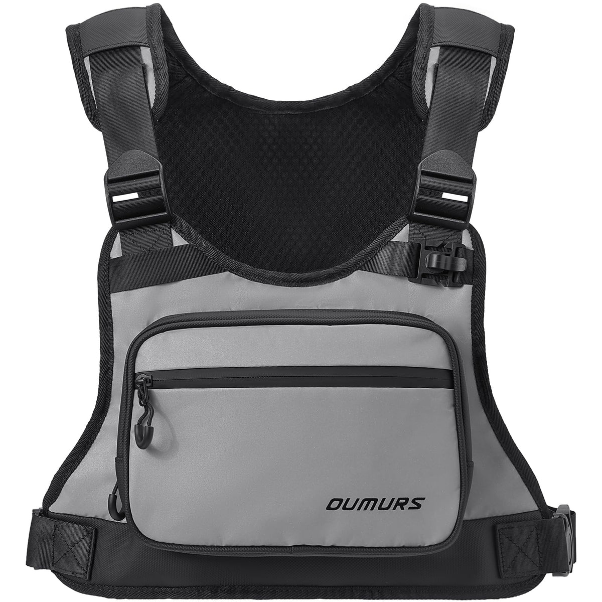 Oumurs chest bag front view showing reflective surface for increased safety