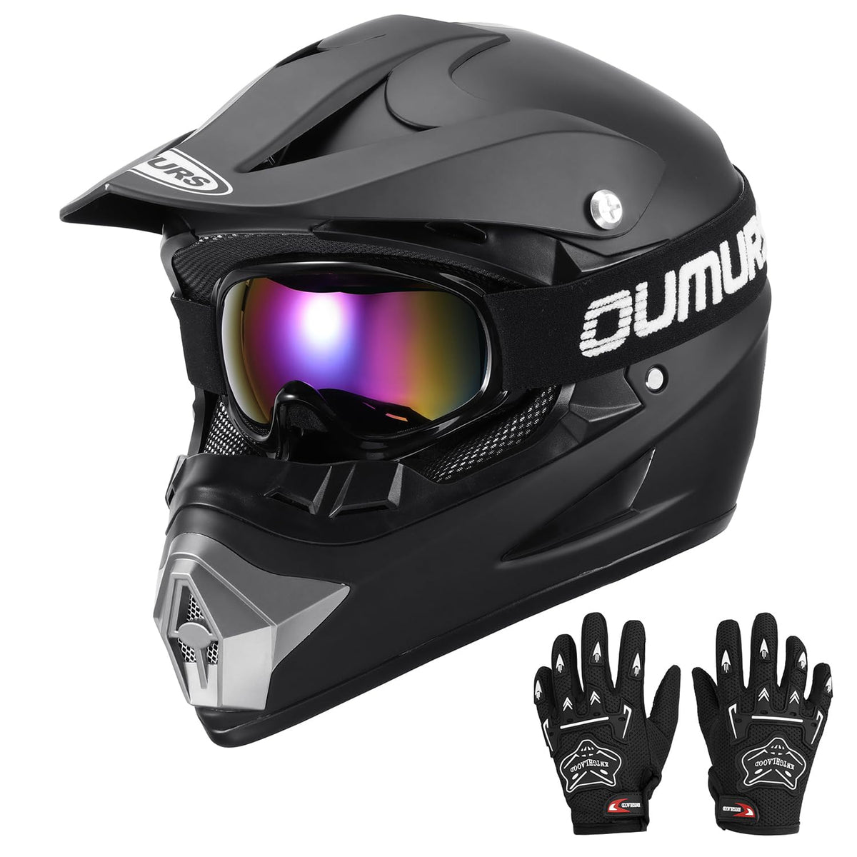 Oumurs front helmet view showing fit and bold graphic, enhancing safety visibility