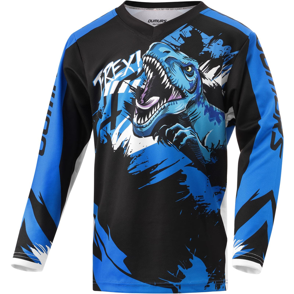 Oumurs front view blue jersey showing fit and bold graphics benefit breathable comfort