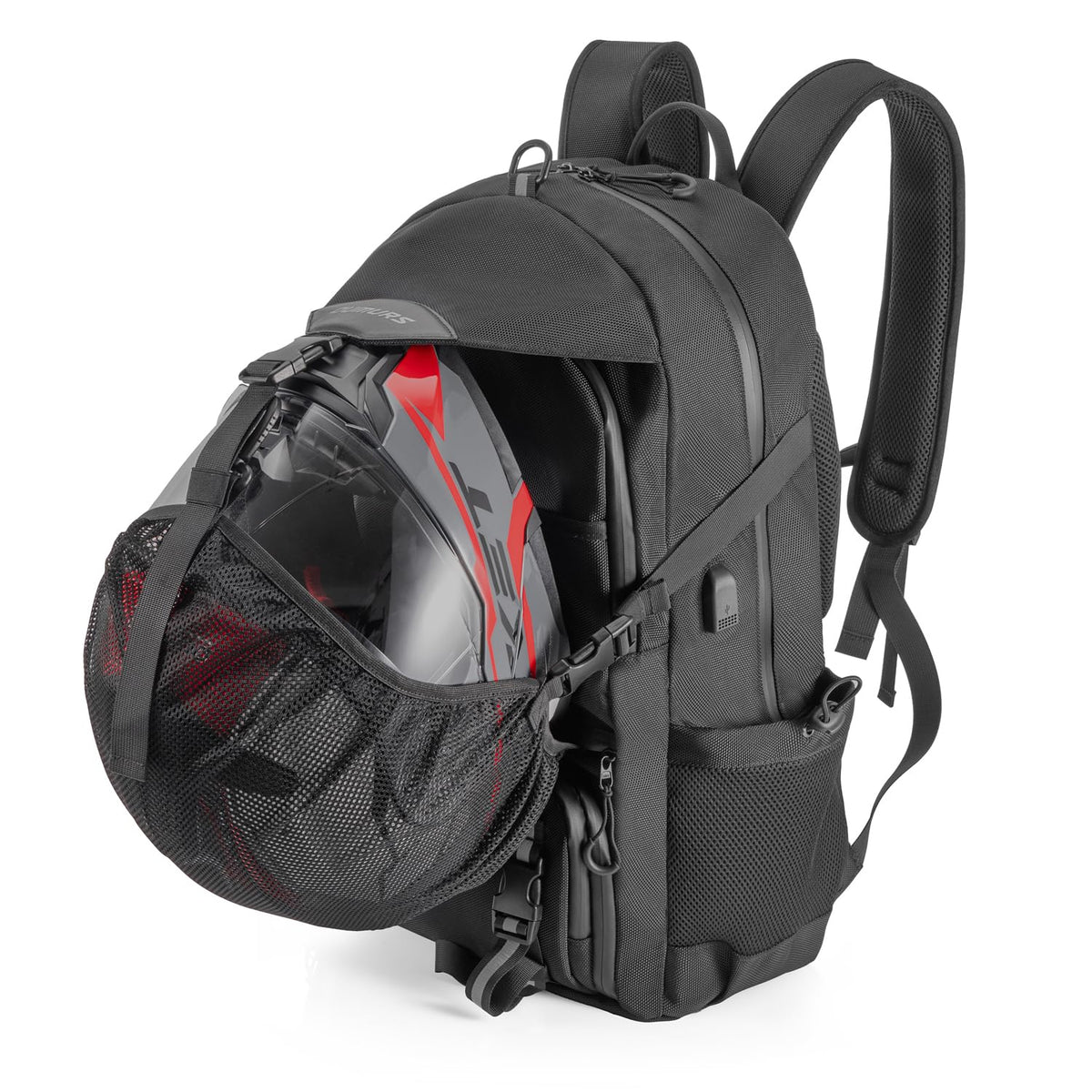 Oumurs front view with helmet attached showing secure storage benefit