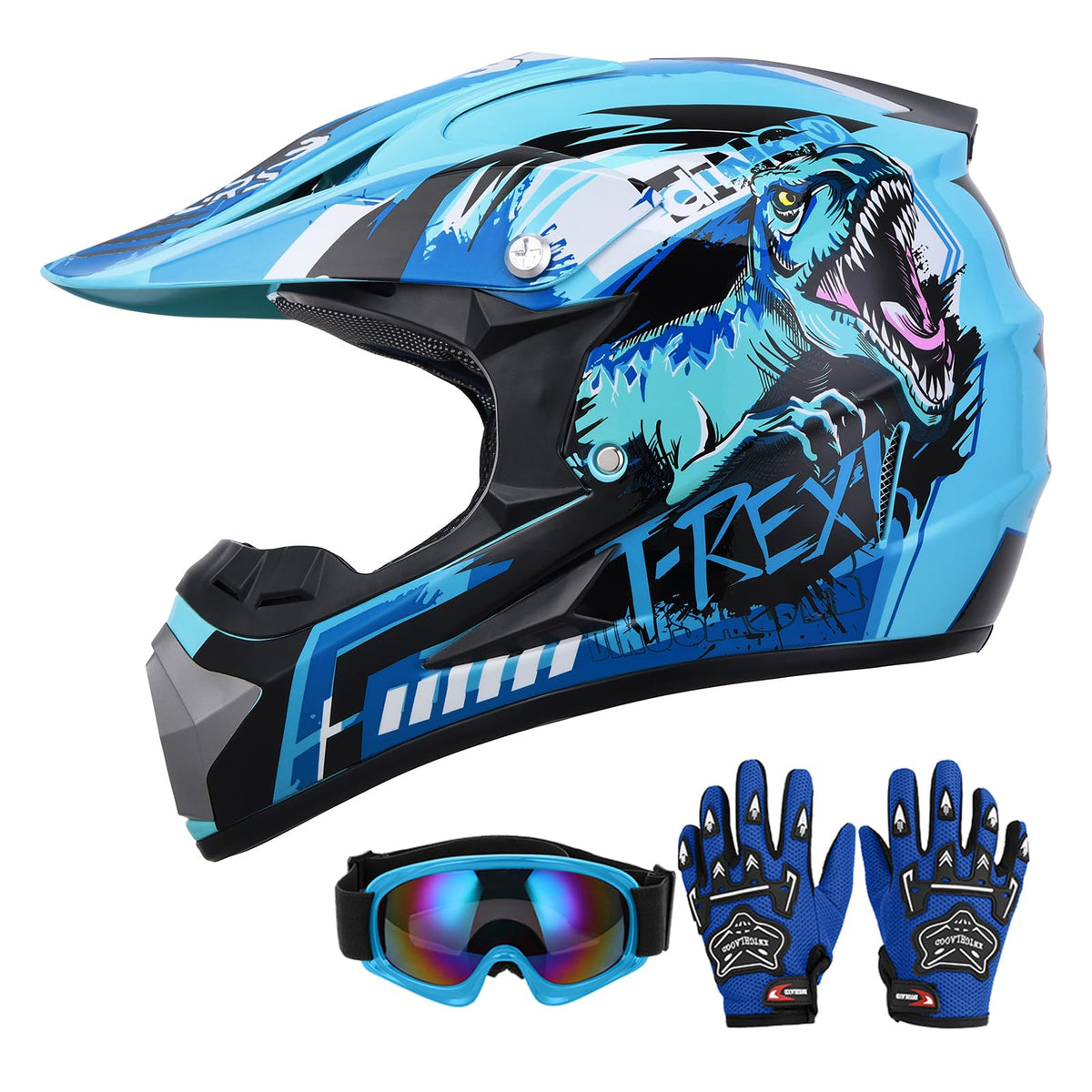 Oumurs front view helmet with goggles and gloves showing complete kit benefit