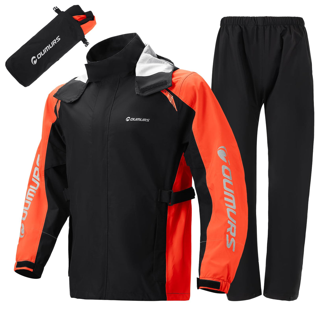 Oumurs front view jacket and pants showing full coverage and pockets for dry commute