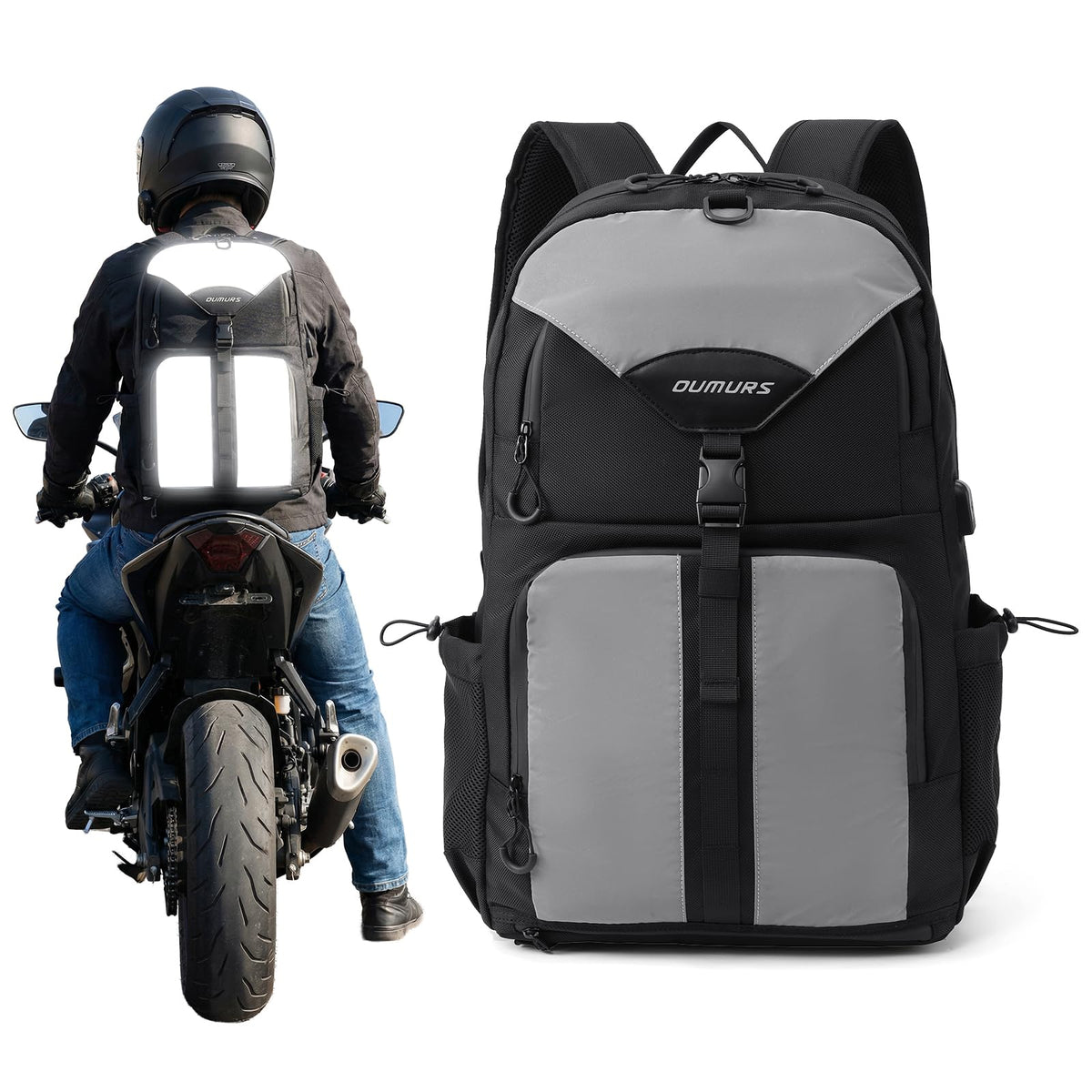 Oumurs front view showing organized pockets and commuter-ready silhouette