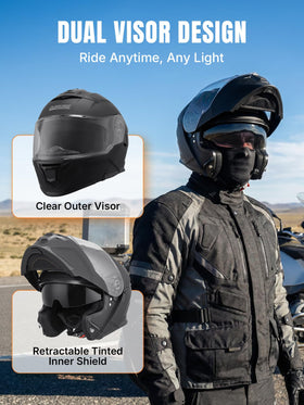 Oumurs helmet dual visors extended showing sun visor and clear shield benefit