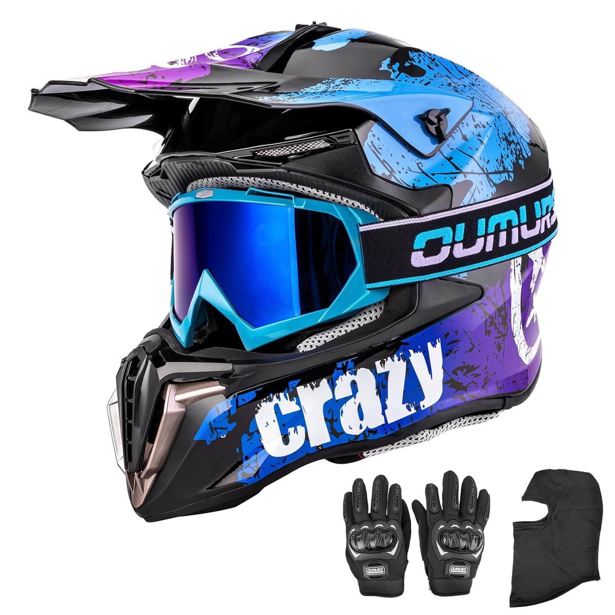 Oumurs helmet front profile showing shell and visor for reliable protection
