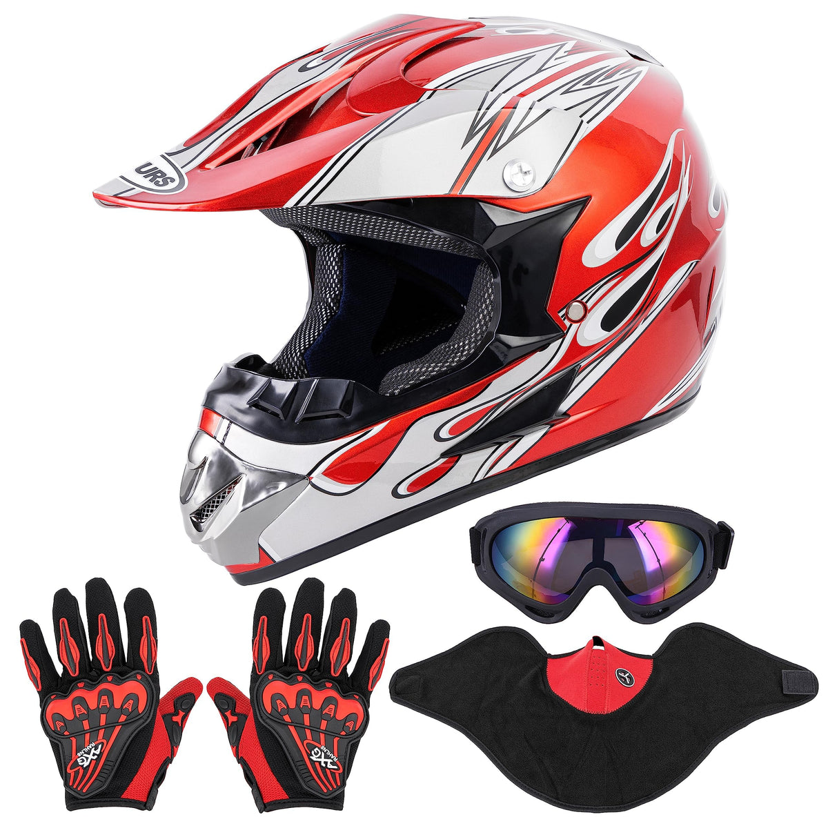 Oumurs helmet front profile showing red flame design and ready-to-ride protection