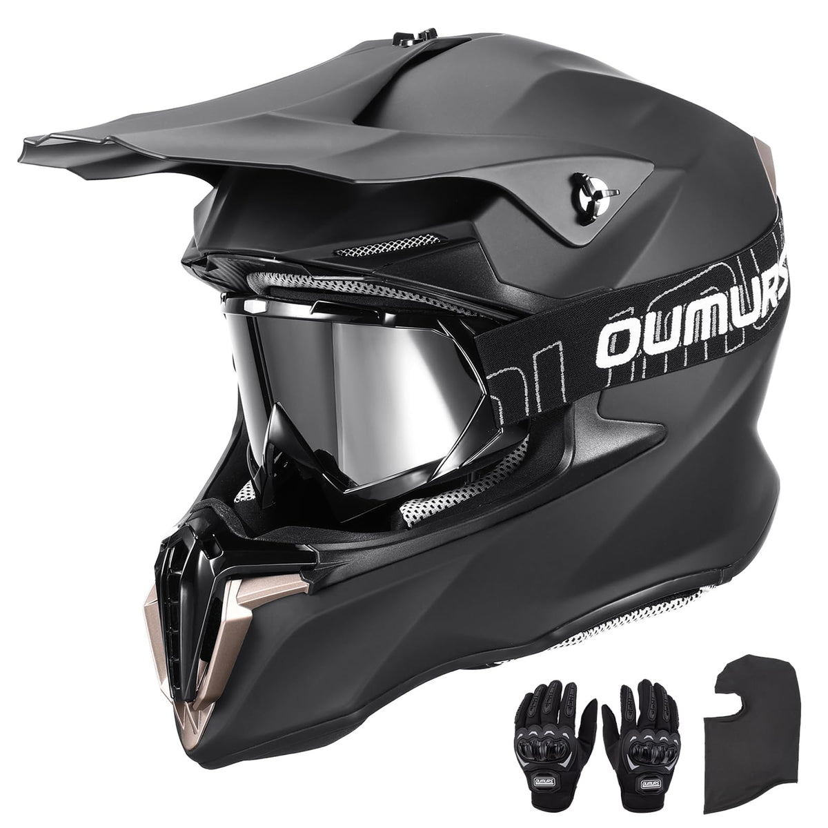 Oumurs helmet front view showing matte black finish and secure fit benefit