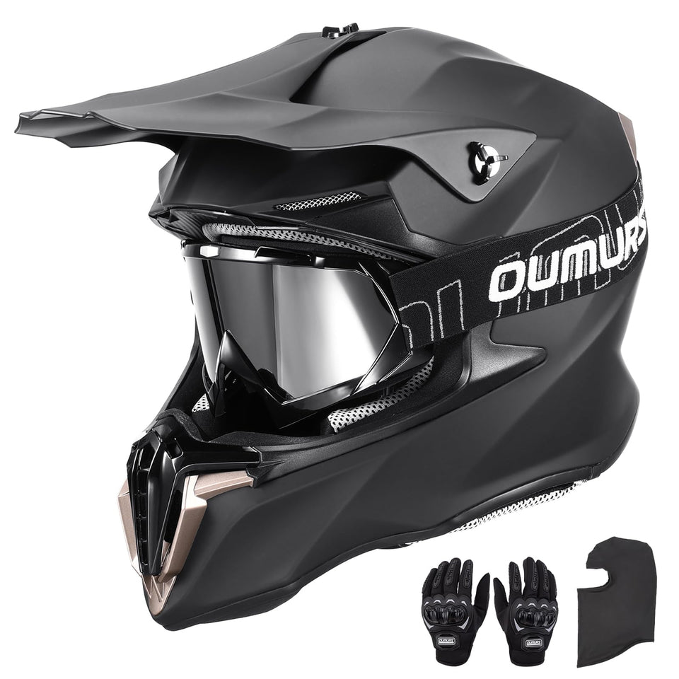 Oumurs helmet front view showing matte black finish and secure fit benefit