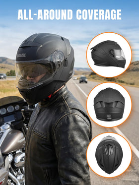 Oumurs helmet side profile with flip-up chin bar demonstrating convenience