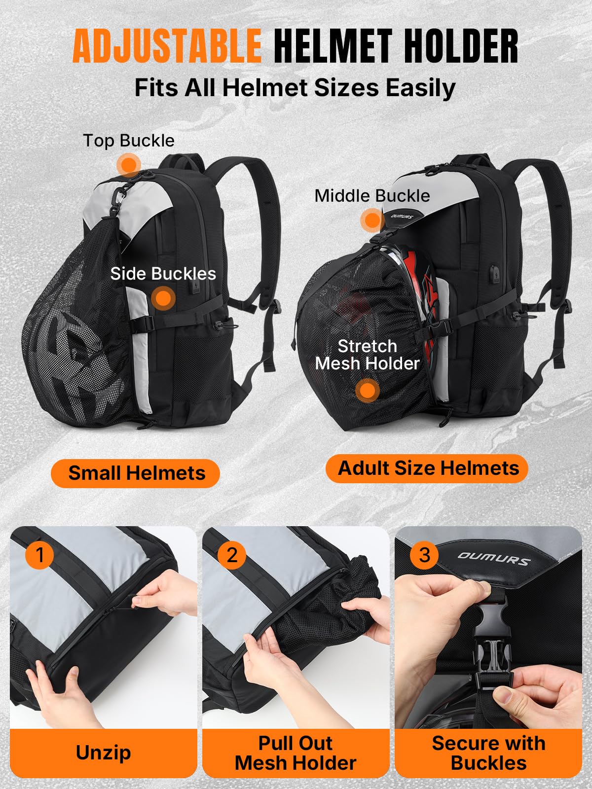 Oumurs hidden helmet net closeup demonstrating secure helmet carry benefit