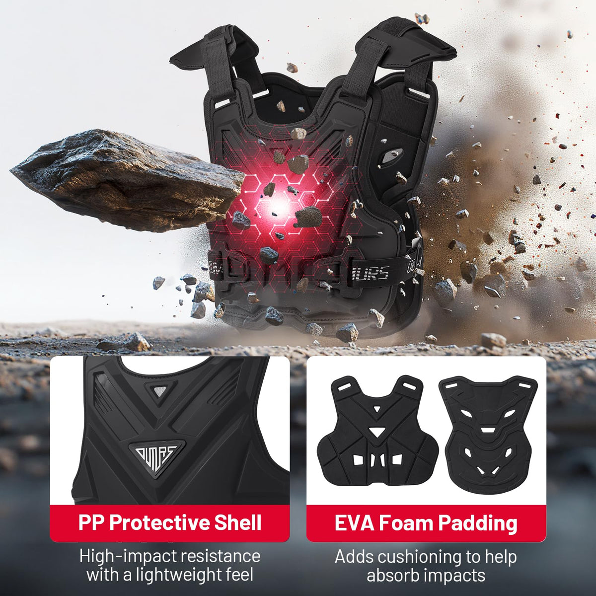 Oumurs chest protector in use on dirt bike rider for trail protection