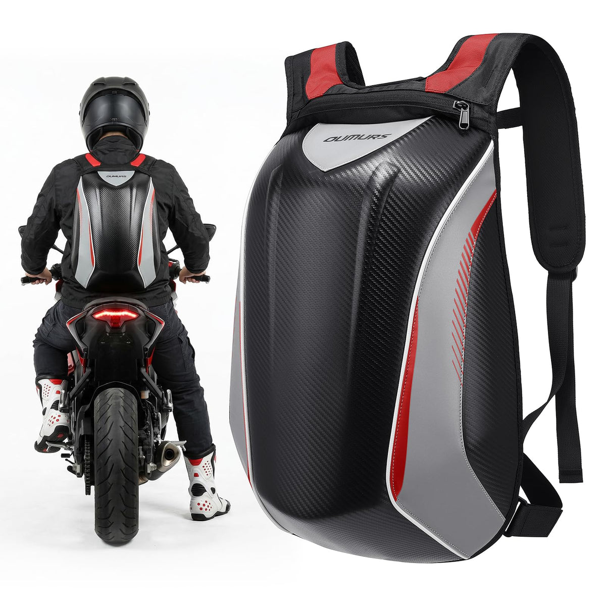 Oumurs front view of backpack showing hard-shell protection and compact profile for secure storage