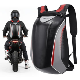 Oumurs front view of backpack showing hard-shell protection and compact profile for secure storage