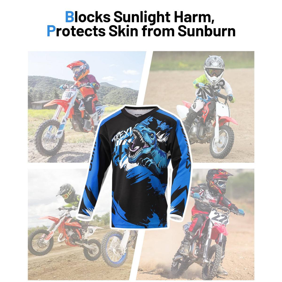 Oumurs jersey size and scale on child to show recommended fit and coverage
