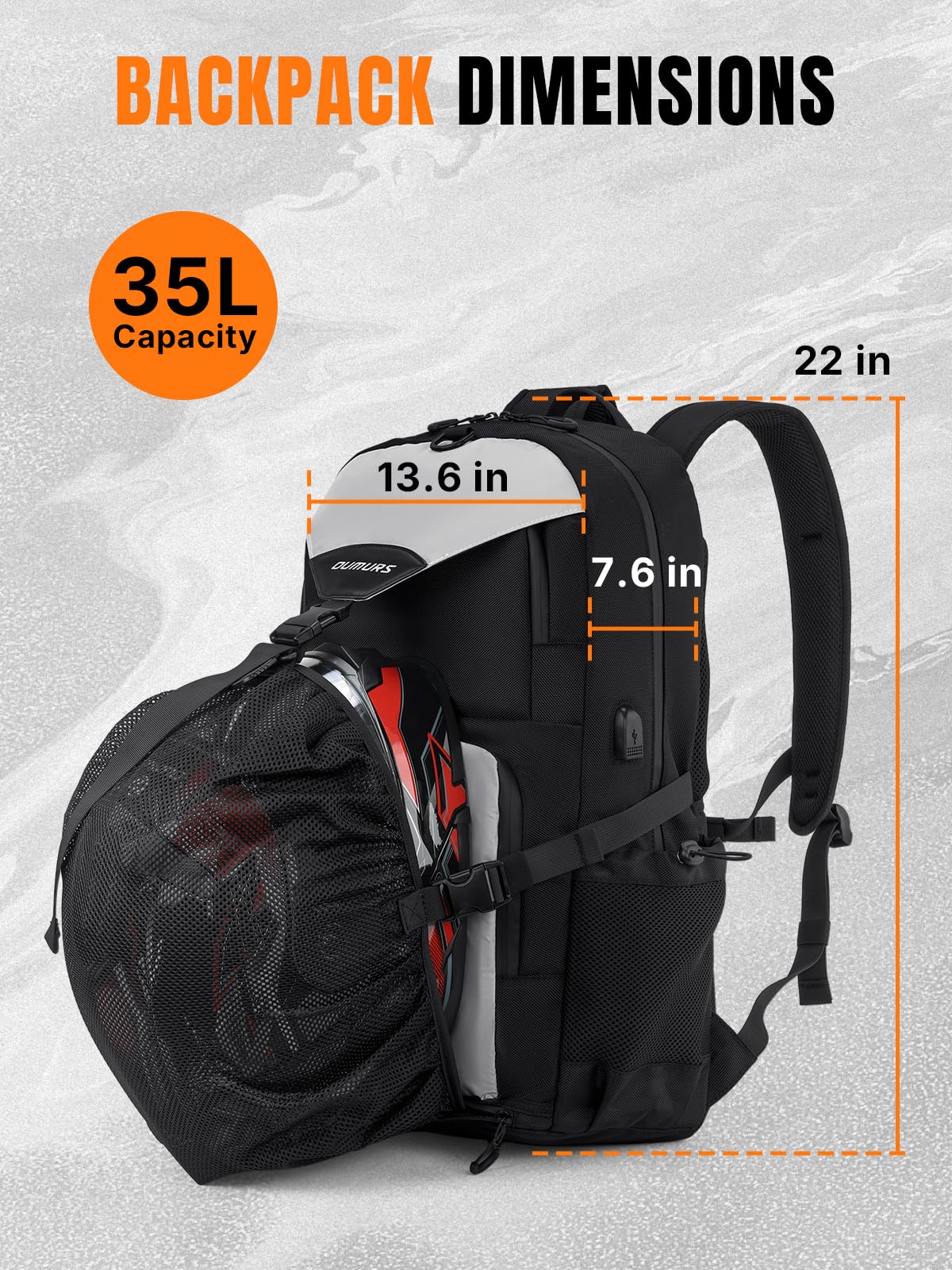Oumurs size comparison with helmet showing storage capacity and scale