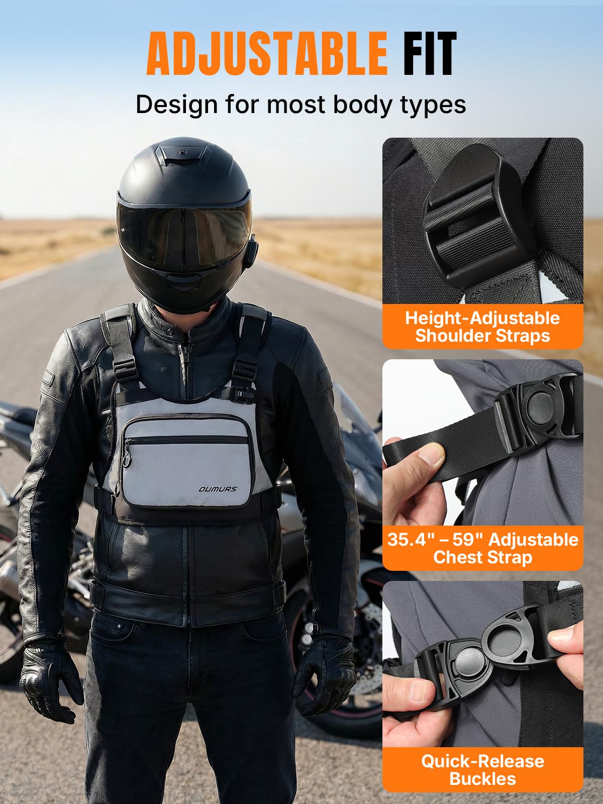 Oumurs chest bag next to a hand for size scale and easy carry benefit