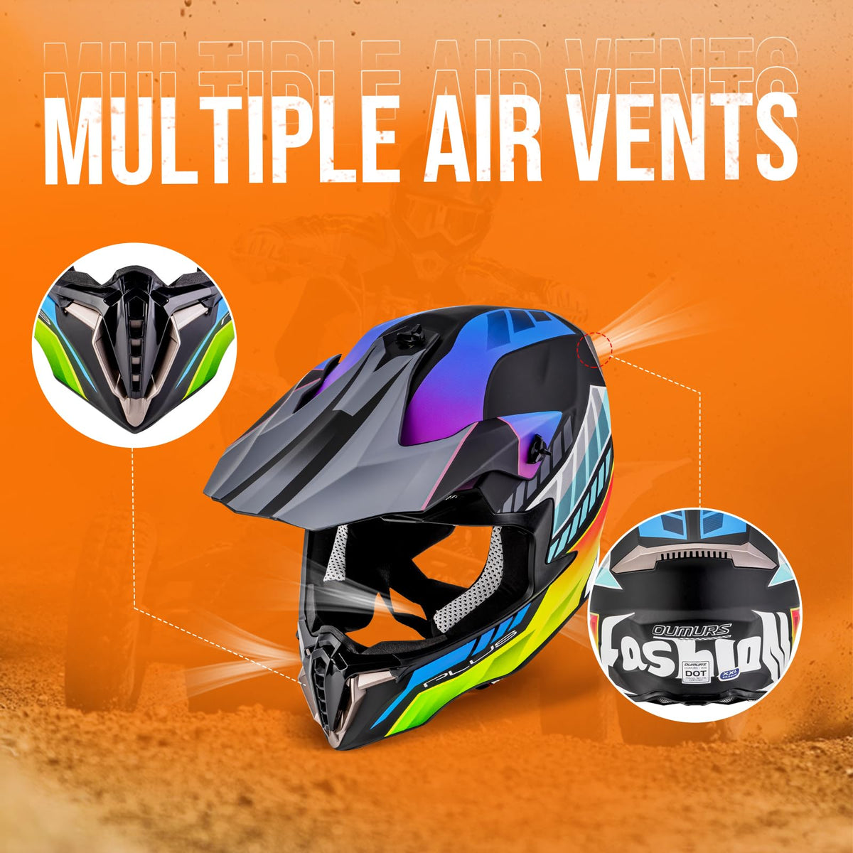 Oumurs visor and vent detail showing adjustable sun protection and airflow