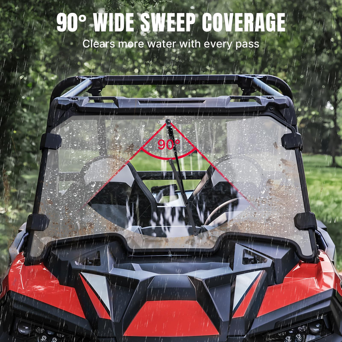 Oumurs wiper arm and blade detail showing full 90-degree sweep coverage