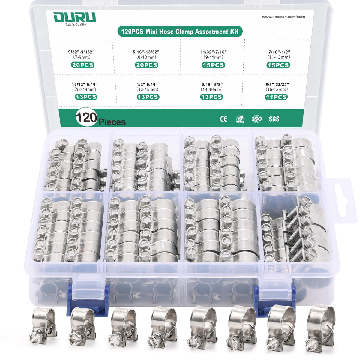 OURU kit front packaging showing 120 clamps and sturdy organizer for quick access